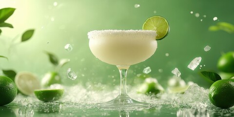 Refreshing margarita cocktail garnished with lime on a vibrant green background