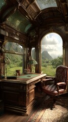 Ornate Antique Interior With Mountain View