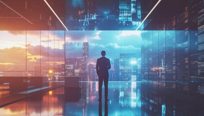 Digital concept of a businessman and businesswoman in silhouette, in front of a blue screen with a virtual world map and abstract network connections