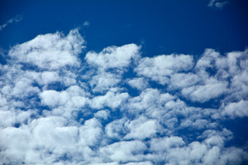 niebieskie niebo z białymi, puszystymi chmurami, tło z błekitnym niebem i delikatnymi chmurami, miejsce na tekst, blue sky with white clouds, background with blue sky and white clouds,  space for text © kateej