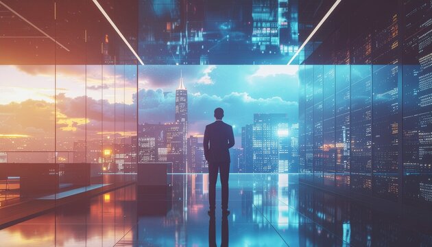 Digital concept of a businessman and businesswoman in silhouette, in front of a blue screen with a virtual world map and abstract network connections