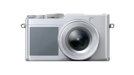 Silver digital camera, front view.  Large lens