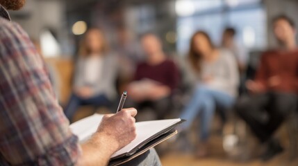 Close medium shot on a recruit taking notes as a mental health advocate speaks with the instructor clearly in focus and the group blurred in the background during community