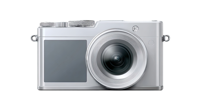 Silver digital camera, front view.  Large lens