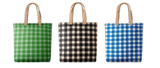 Three tote bags in a gingham pattern