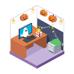 Isometric room decorated for halloween with ghost on computer screen