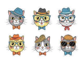 Stylish Cat Collection: A curated selection of artistically rendered cat illustrations, each cat displaying a unique personality through fashionable accessories like hats, glasses, and bow ties.