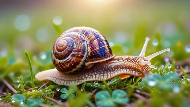 Elegant snail gracefully gliding through lush green grass, showcasing vibrant shell details with glistening water droplets, capturing nature's beauty in the sunlight
