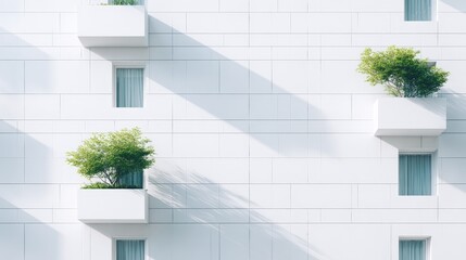 Modern architectural wall featuring white panels and green plants in stylish planters, showcasing contemporary design and urban aesthetics