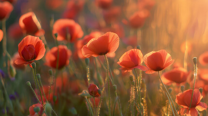 Obraz premium A vibrant sunset field adorned with red poppy flowers, bathed in warm golden light.