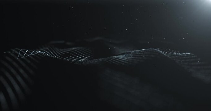 Abstract glowing wave of particles and dots moving on dark background with flying glitter particles, big data visualization, futuristic and digital background, 3D, 4K, seamless loop