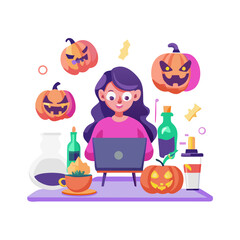 A woman is working on her computer with halloween pumpkins isolated on white background