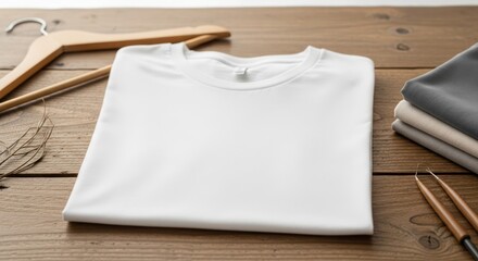 Elegant Flat Lay of a White T-Shirt on Wooden Surface with Hanger and Fabric