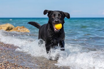 Happy Black Labrador Retriever Running Through Surf With Yellow Ball On Beach With Ocean Background