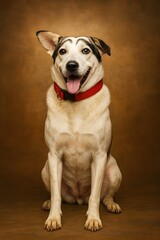 Adorable mixed-breed dog with unique black eyebrow markings, wearing a red collar, sitting happily against a warm brown studio background – expressive pet portrait with charming personality
