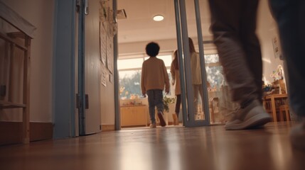 Fototapeta premium Focused medium shot of a child crossing the threshold of a calm softly lit clinic playtherapy staff out of focus showcasing immediate mental wellbeing care.