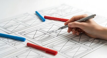 Close up of a hand sketching a wireframe user interface design with colorful markers on paper