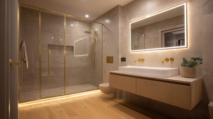 cuarto de ba&ntilde;o contemporaneo con griferia y adornos dorados, mampara de ducha , espejo inteligente y mueble suspendido en pared con azulejos porcelanicos beige y marron