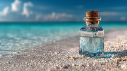 Obraz na płótnie Canvas Close up a glass bottle very clear is on the beach , sea view background.