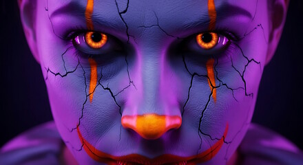 A portrait of a sinister clown with piercing glowing eyes