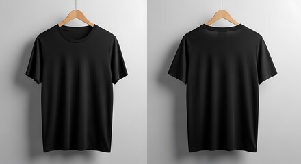 Front and back view of a plain black tshirt hanging on a hanger