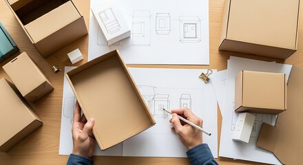 Top view of hands working on cardboard box packaging design and assembly with various boxes and paper templates on a wooden table