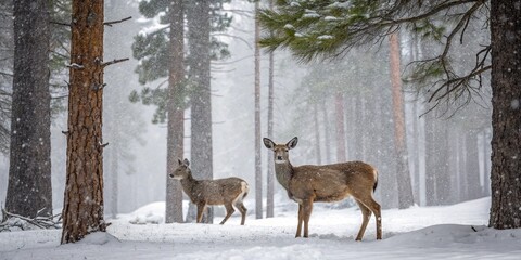 Two deer standing calmly in a quiet snowfall within an evergreen forest
