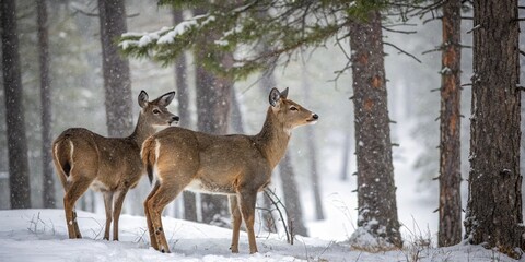 Two deer standing calmly in a quiet snowfall within an evergreen forest