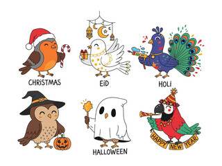 Celebratory Birds: A charming collection of illustrated birds, each embodying a festive occasion like Christmas, Eid, Holi, Halloween, and New Year, radiating joy and togetherness.
