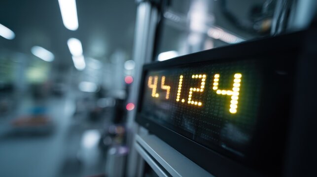 Medium shot focused on a digital display panel indicating adaptive bitrate changes during simulated low bandwidth conditions with the lab environment softly blurred behind.