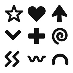 Obraz premium Geometric Line Icons. Solid style icons of geometric line-based forms: star, heart, arrowhead, chevron, cross, spiral, zigzag,