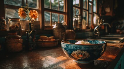 Fototapeta premium Bowl of rice on wood counter in a rustic kitchen bathed in warm light