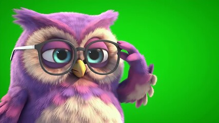 Adorable Animated Cartoon Owl with Glasses on Green Screen Background Adjusting Its Glasses and Giving a Thumbs Up With Bright Blue Eyes and Purple Feathers Isolated for Educational Content