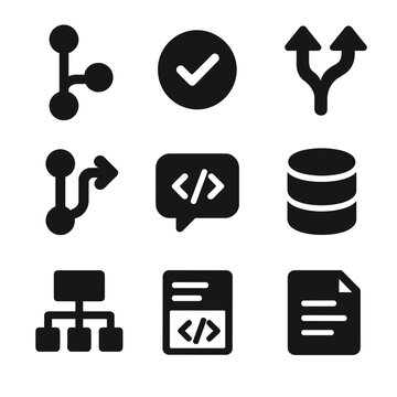 Coding Workflow Icons. Solid vector icons of coding workflow: version control branch, commit icon, merge arrows, pull request