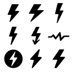 Lightning Bolt Icons. Solid style icons of lightning elements: single lightning bolt, double strike icon, angular thunder shape,