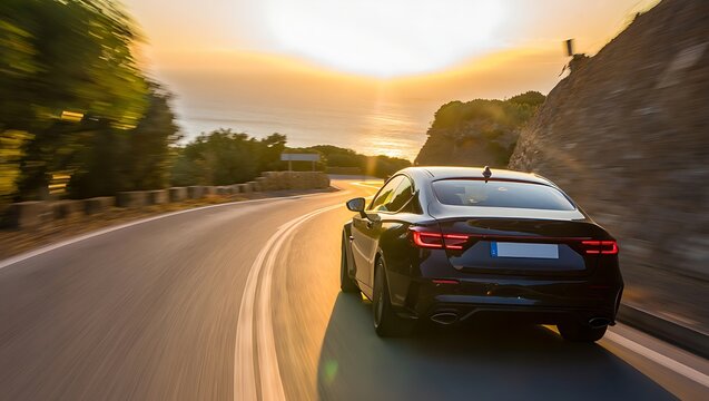 Black car driving on a scenic road at sunset with motion blur