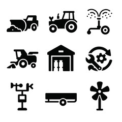 Seasonal Farm Machinery Icons. Solid style icons of seasonal farm machinery use: snow plow attachment, planting tractor in spring,