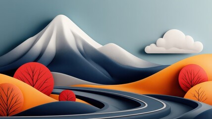 Stylized illustration of mountain highway with bold lines and colorful foliage.