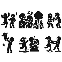 Naklejka premium Joyful Shared Experiences. Solid style icons of joyful shared experiences: dancing together, singing with music, laughing in park,