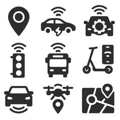 Transport Tech Icons. Solid style icons of transportation and navigation technologies: GPS connection icon, connected electric