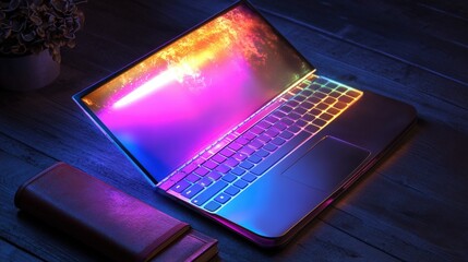 Stylish laptop with vibrant neon lighting.