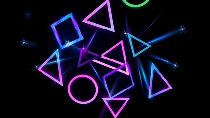 Abstract Neon Geometric Shapes on Black Background Modern Design Wallpaper Illustration Glowing Colorful Graphics Visuals Contemporary Art Style Vibrant Colors