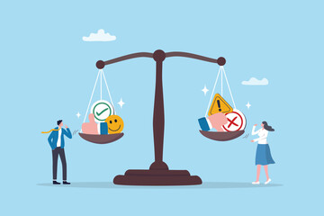 Pros and cons comparison, advantage and disadvantage evaluation, choice decision making, weighing between good or bad reason, assessment concept, pro and con elements on equilibrium balance.