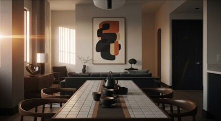 Bright, modern living space with dining table, sofa, and artwork