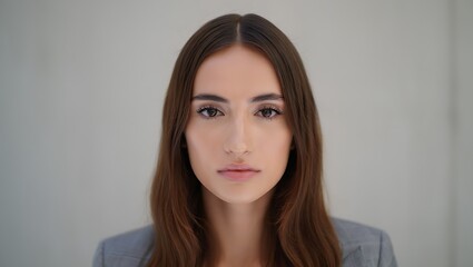 Naklejka premium Professional Portrait of a Confident Young Woman with Brown Hair and Brown Eyes Against a Neutral Background For Business and Lifestyle Concepts