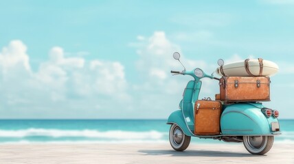 A vintage scooter with a sidecar, ready for adventure, parked on a picturesque beach.