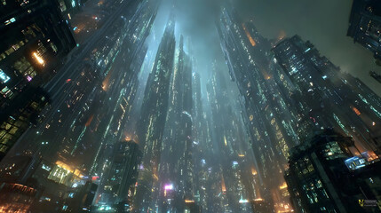 Red binary code storm over futuristic skyscrapers in cyber city
