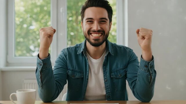 Person smiling with joy after finishing a sudoku puzzle. Raised hands or happy expression. Victory moment and mental satisfaction. World Sudoku Day celebration