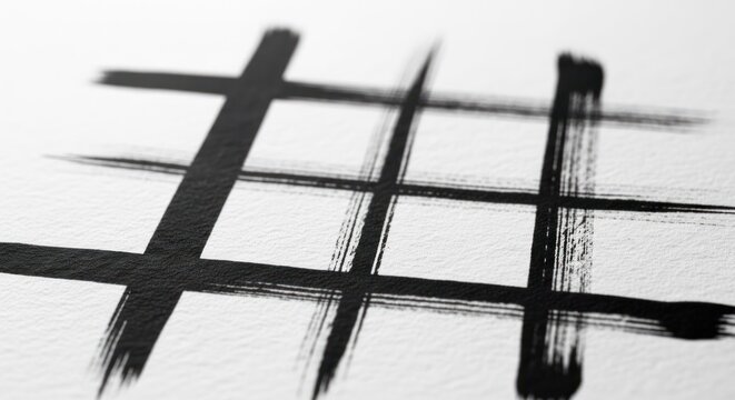Brush-stroked, blurred tic-tac-toe grid on textured white paper
