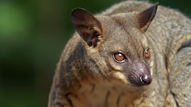 Alert Asian Palm Civet Portrait in Natural Habitat. Close-up of a Curious Nocturnal Mammal with Bright Eyes and Fur, Blurry Green Forest Background.